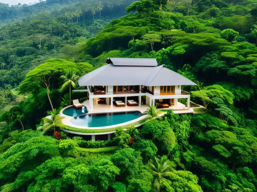 Villa privada de lujo en la exuberante selva de Sri Lanka, con piscina infinita y elegantes pabellones al aire libre