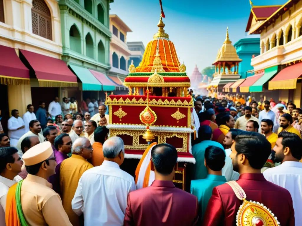 Una procesión festiva del hinduismo tradicional, con participantes vestidos con trajes ornamentados y llevando carros decorados