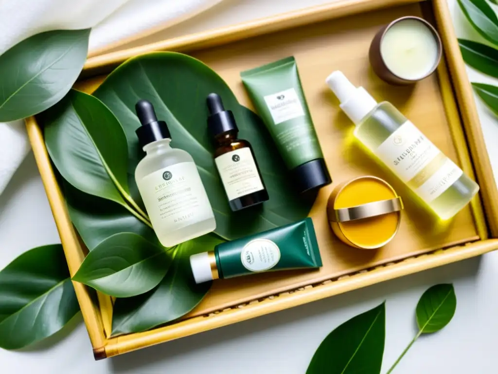 Productos de skincare asiáticos exhibidos en bandeja de bambú, rodeados de naturaleza exuberante y luz suave