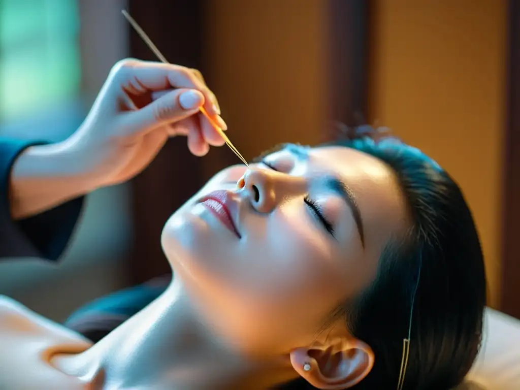 Profesional de acupuntura inserta aguja en acupunto facial en sereno entorno de belleza oriental