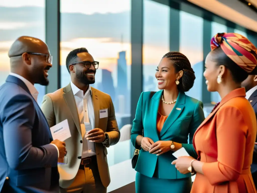 Profesionales en evento de networking con MBA asiático para potenciar carrera global, intercambian ideas y tarjetas en locación urbana