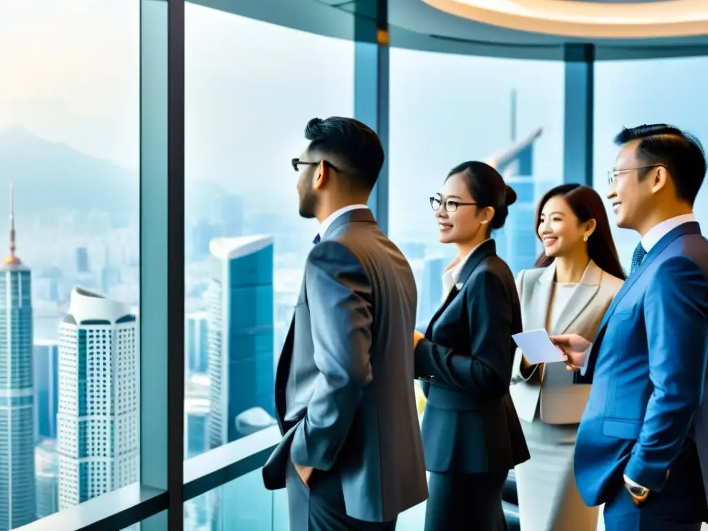 Profesionales en evento de networking en Asia MBA, intercambiando tarjetas de negocio en moderno rascacielos, con vibrante ciudad de fondo