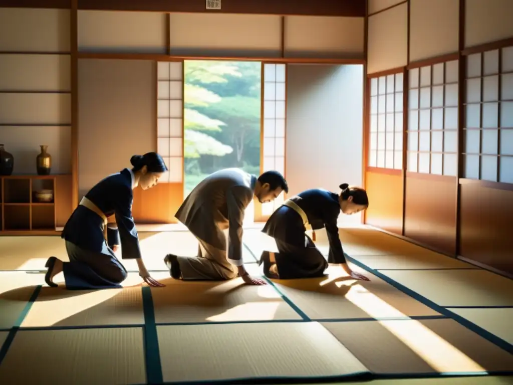 Profesionales japoneses en un ambiente moderno y tradicional, fusionando valores antiguos con prácticas empresariales vanguardistas