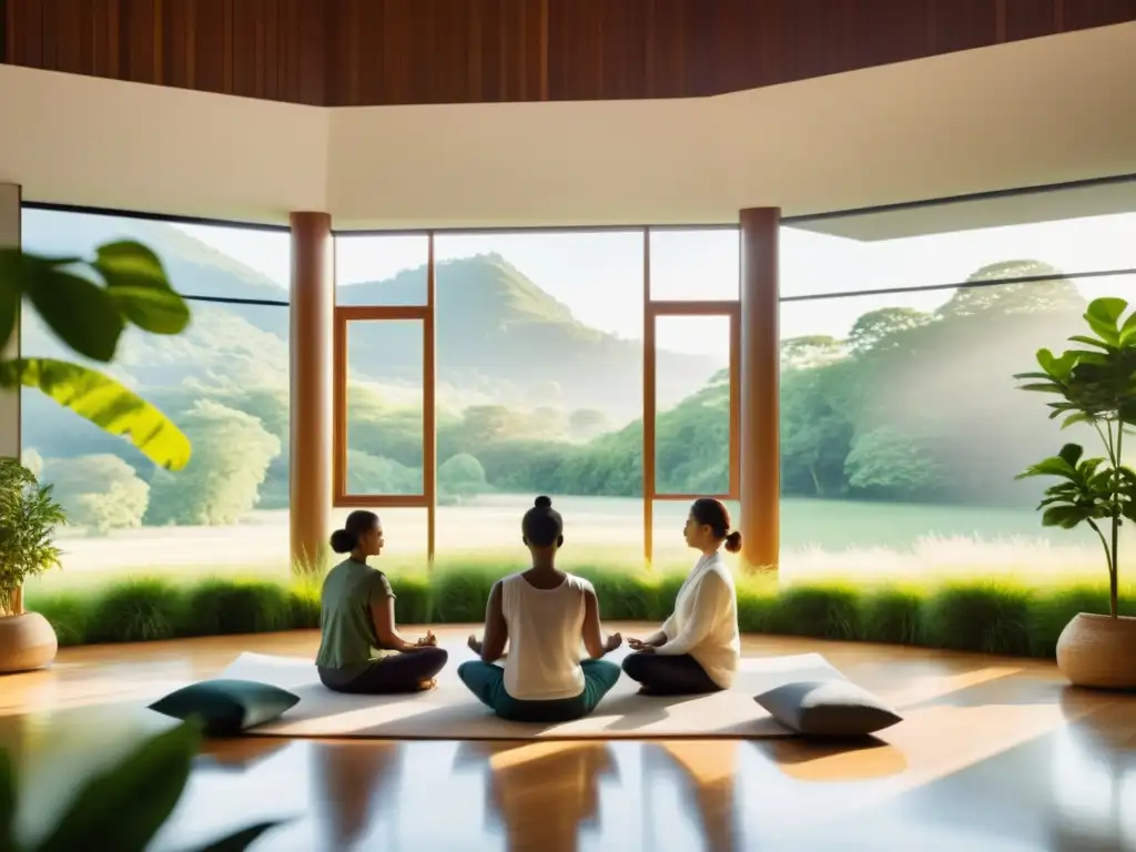 Profesionales en meditación, luz natural y paisaje sereno