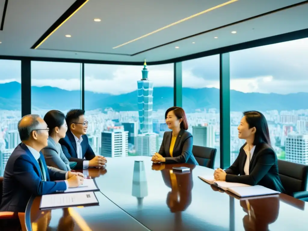 Profesionales de negocios taiwaneses en una reunión dinámica, reflejando la cultura empresarial de Taiwán