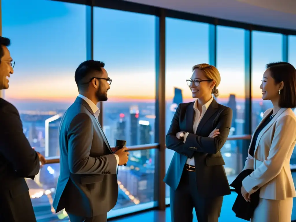 Profesionales de negocios intercambian tarjetas en evento de redes profesionales en Asia MBA, con la ciudad de fondo