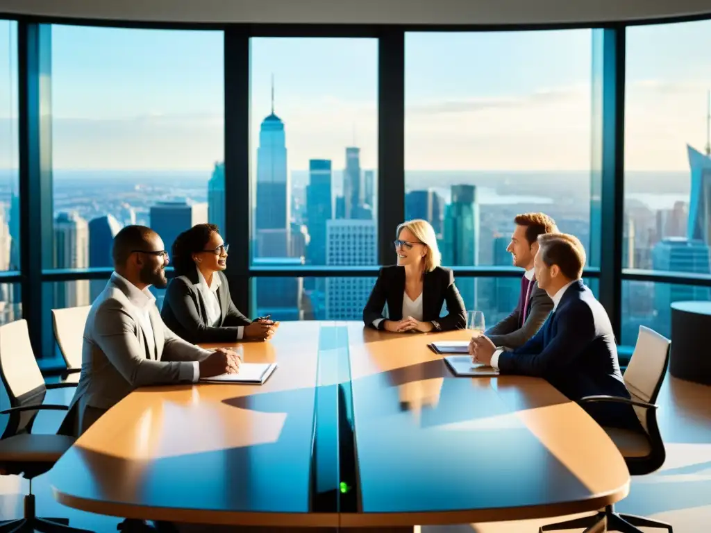 Profesionales diversos colaborando en una reunión en una moderna sala de juntas, reflejando la esencia del MBA en ética y liderazgo empresarial