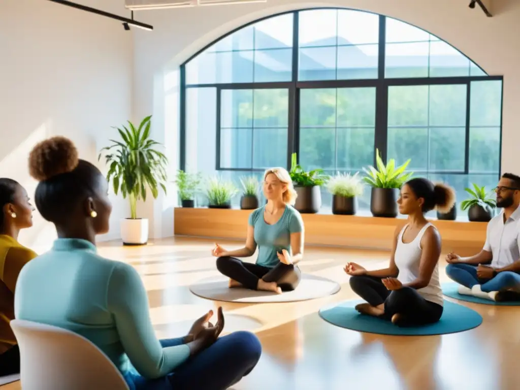 Profesionales practicando técnicas milenarias de mindfulness para productividad en una oficina moderna con luz natural