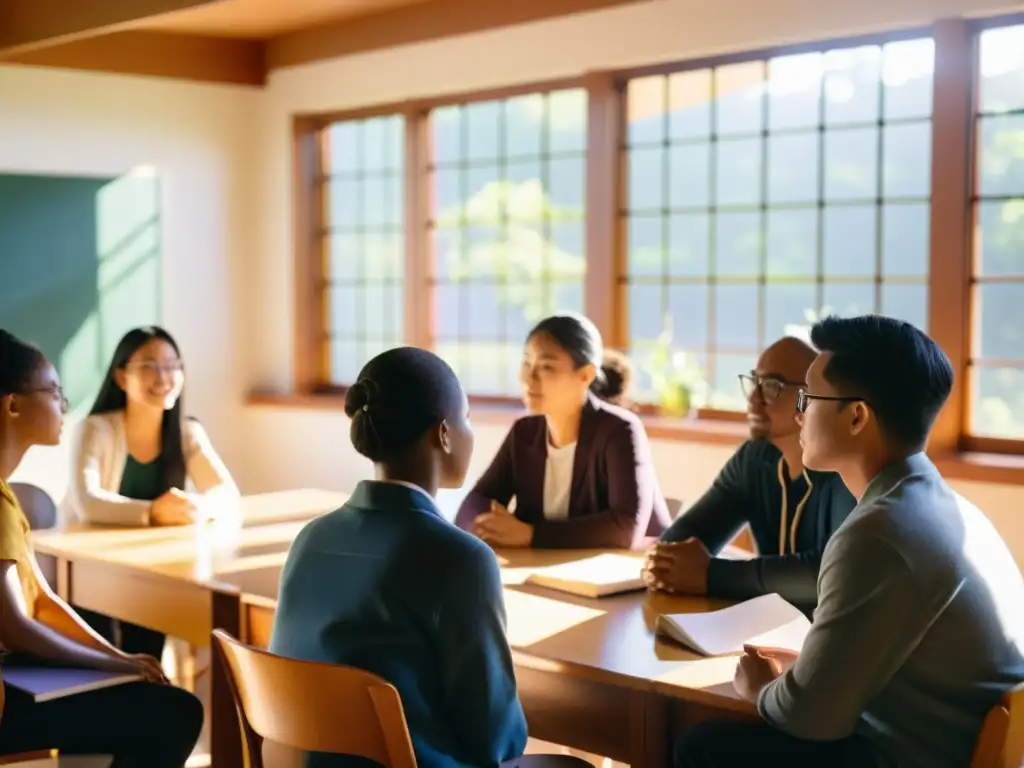 Profesor guía una animada discusión del Tao Te Ching en un aula iluminada por el sol, con aplicaciones educativas del Tao Te Ching