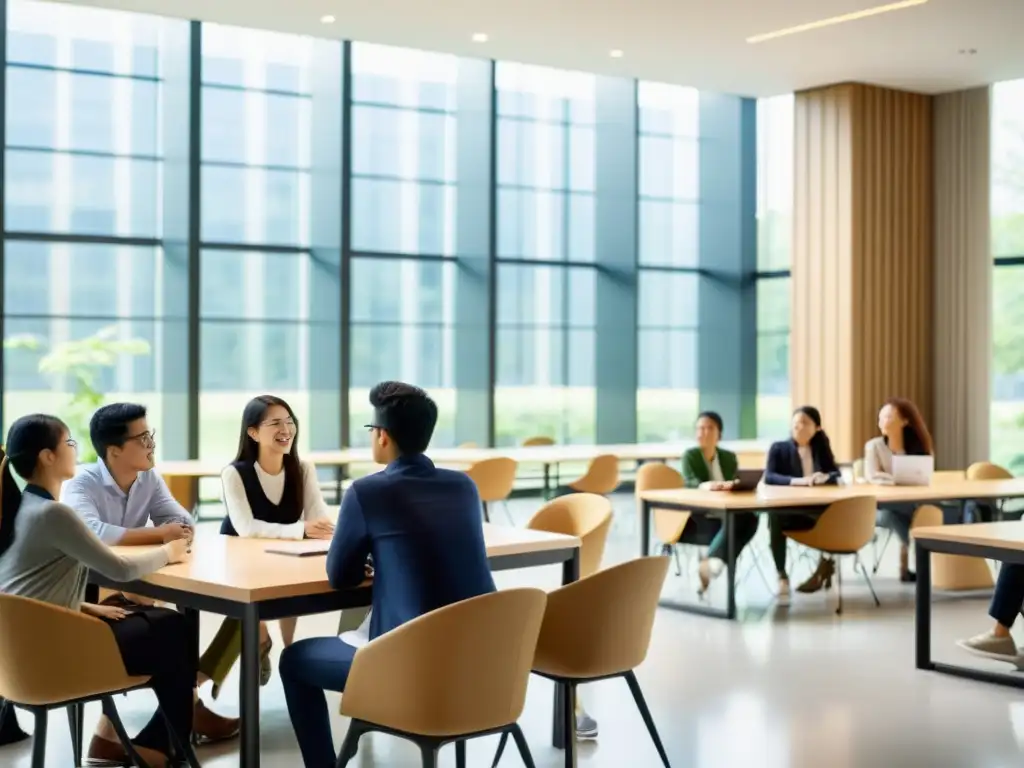 Profesor y estudiantes participan en una animada discusión en un aula universitaria moderna y espaciosa en Asia