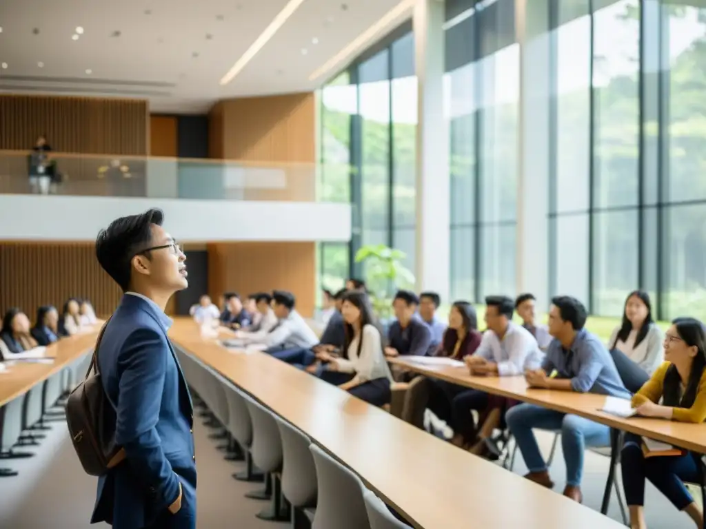 Profesor y estudiantes debatiendo en aula luminosa de universidad asiática