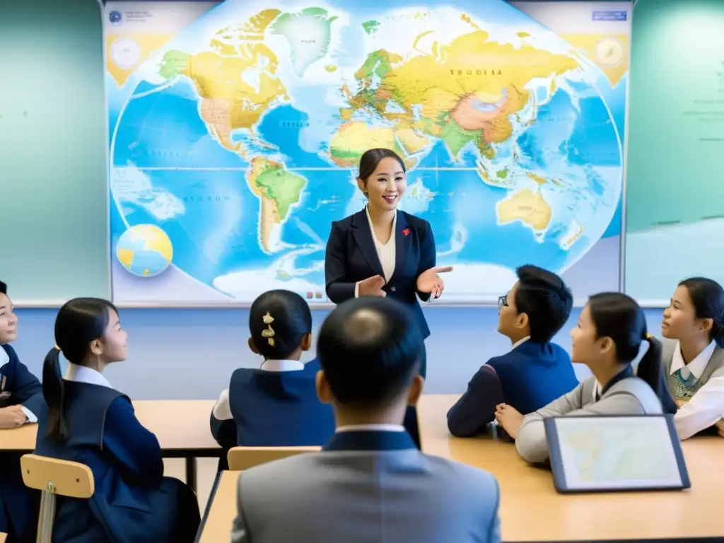 Profesor y estudiantes en aula moderna, discutiendo educación y cultura en Asia frente a un gran mapa mundial y artefactos culturales