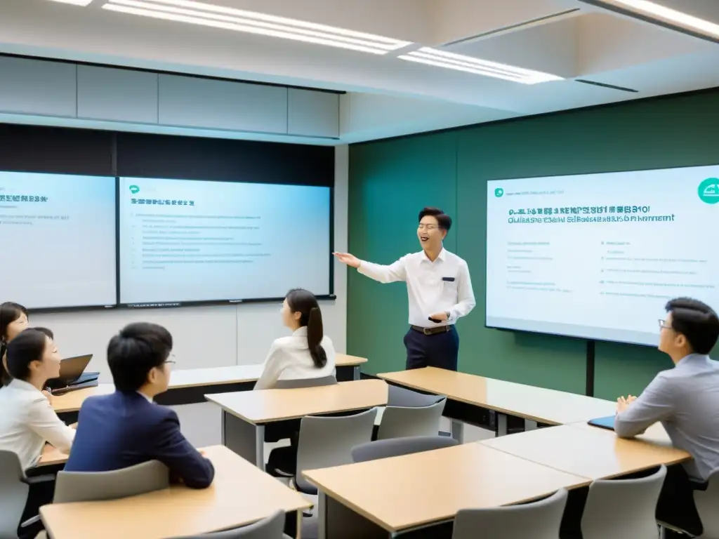 Profesor y estudiantes participan en discusión animada en aula tecnológica de una de las mejores universidades Corea del Sur