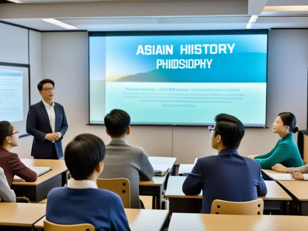 Profesor y estudiantes inmersos en la discusión sobre la influencia de series asiáticas en educación global, con escena de serie asiática en pantalla