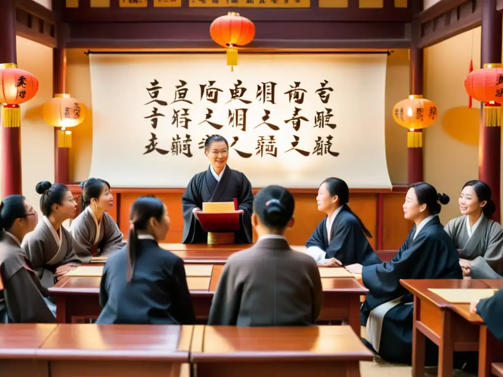 Profesor y estudiantes discuten Principios Confucianos en un aula tradicional, iluminada por lámparas de papel, con jardín sereno de fondo