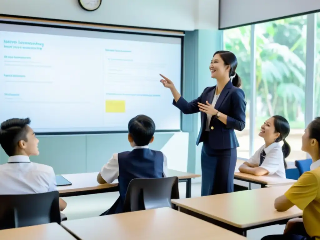 Profesor y estudiantes tailandeses discuten innovación educativa en aula moderna