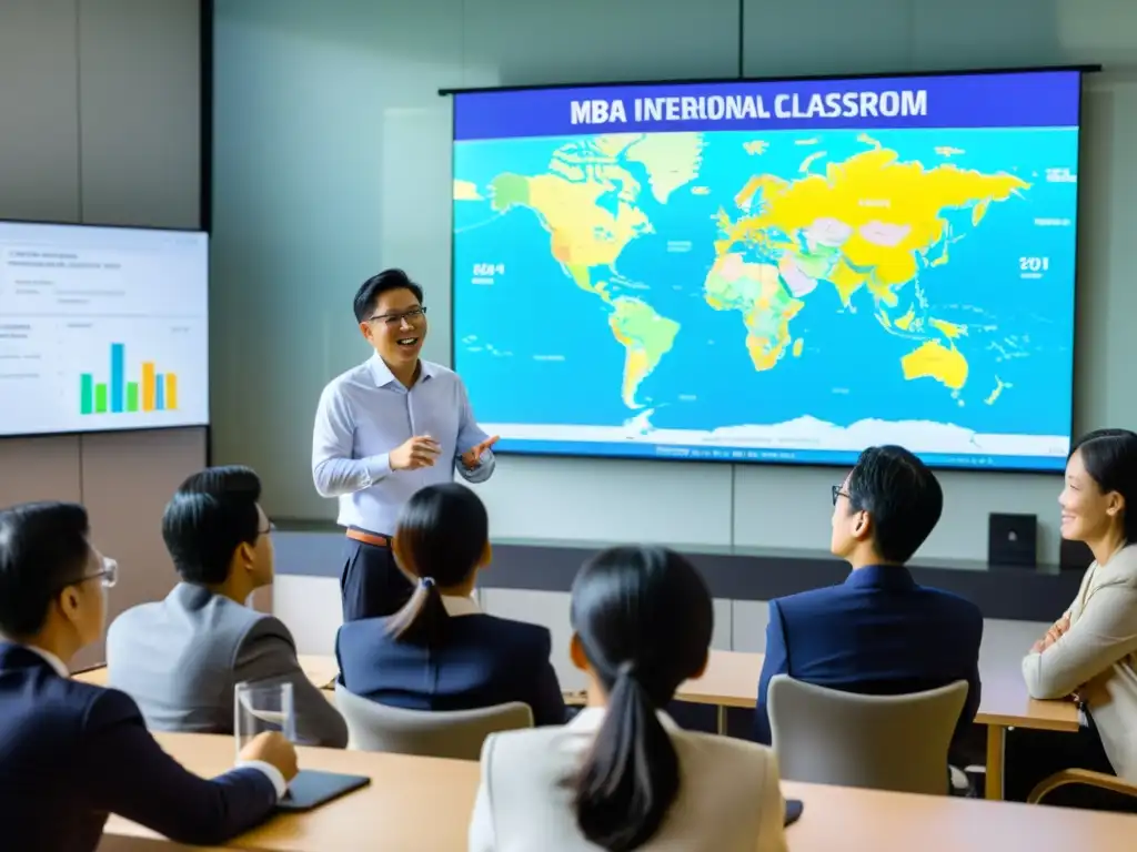 Profesor de liderazgo estratégico en Asia guía a estudiantes internacionales en dinámica discusión en aula moderna y luminosa