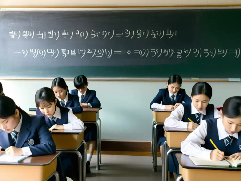 Profesor escribiendo en pizarra en aula limpia y organizada en Corea del Sur, con estudiantes uniformados en disciplina académica