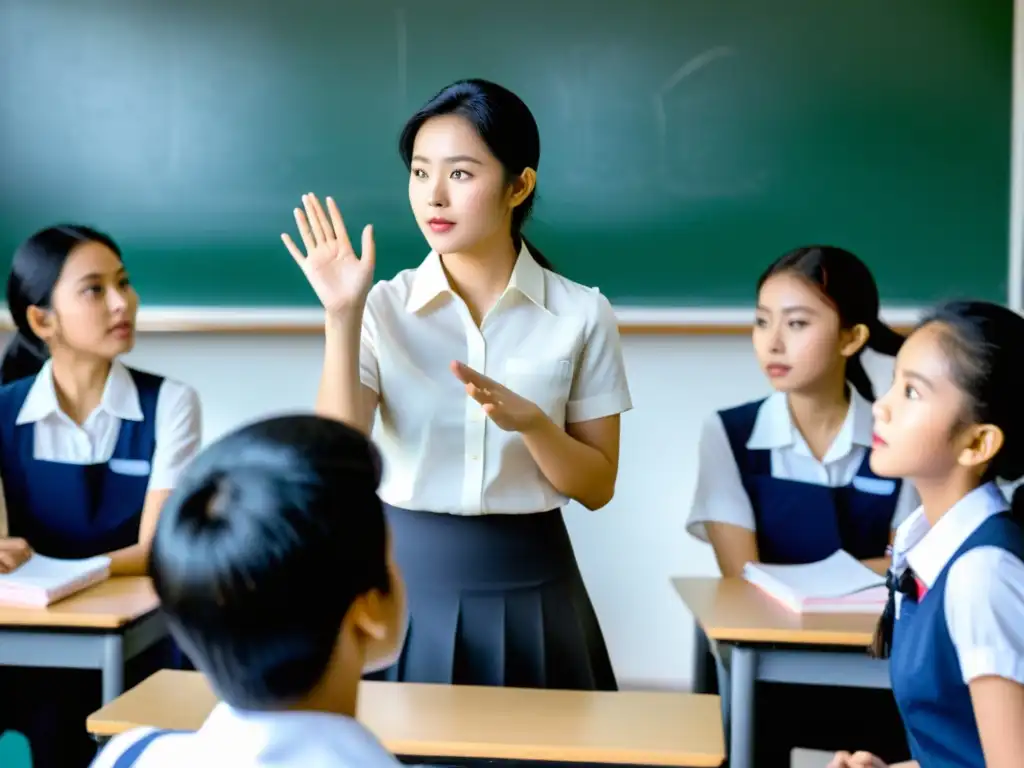 Profesora y estudiantes debaten sobre inteligencia emocional en aula asiática, fomentando el intercambio de perspectivas