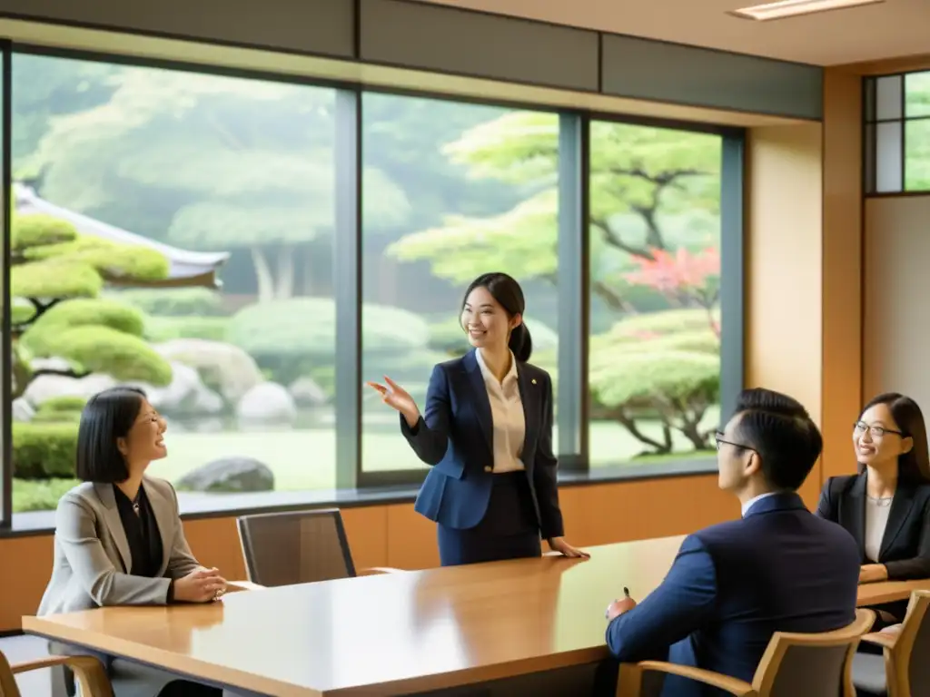 Profesora y estudiantes de MBA en ética y liderazgo empresarial discuten con pasión en aula moderna con vista a jardín japonés sereno