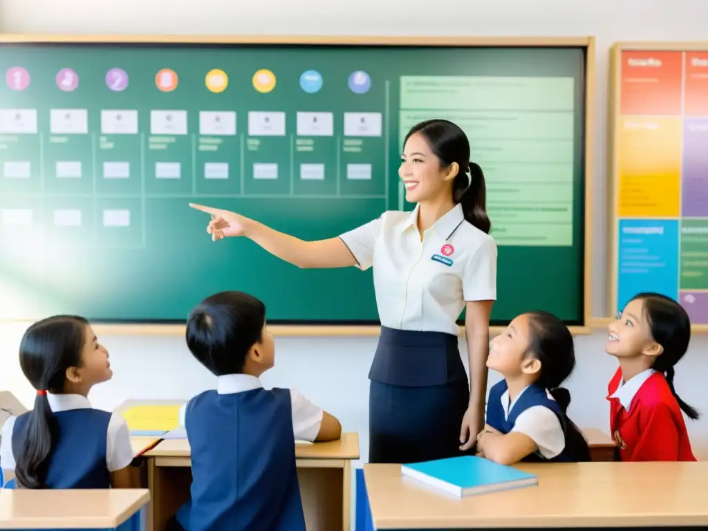 Profesora y estudiantes tailandeses participando en innovación educativa Tailandia Sudeste Asiático en aula moderna y dinámica