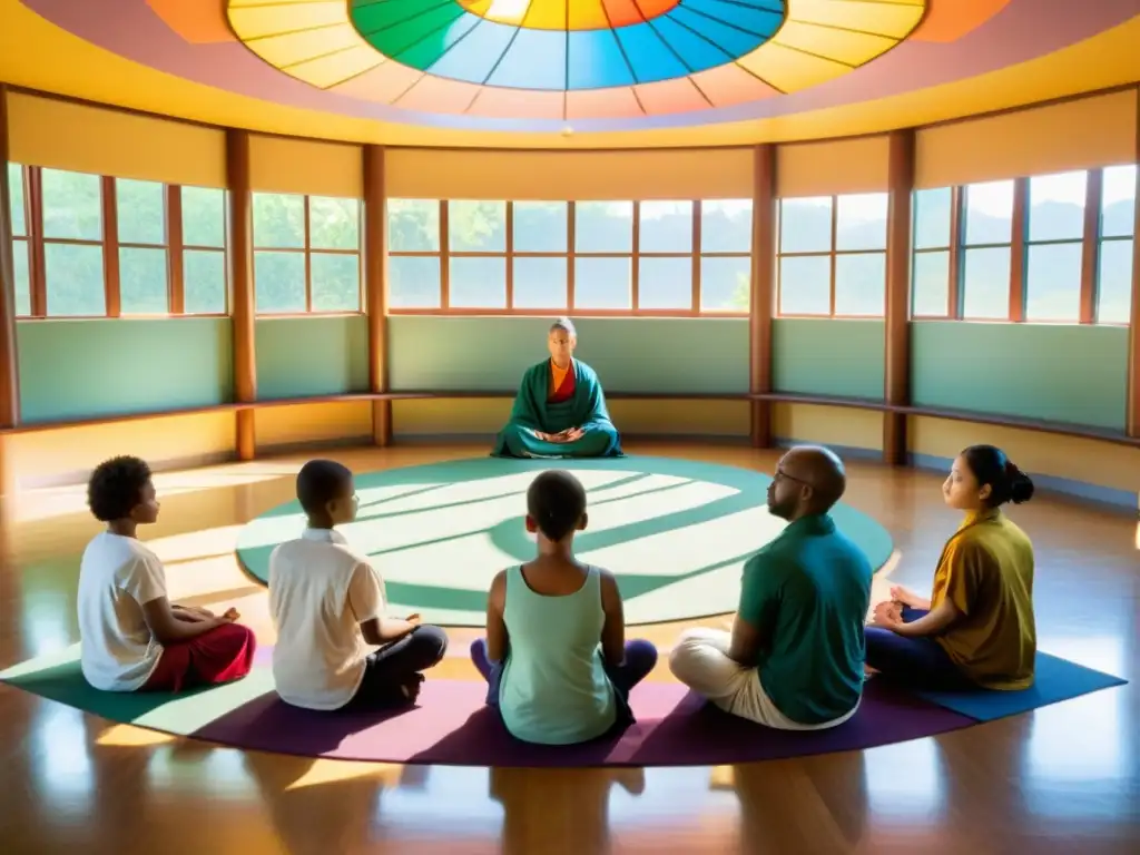 Profesora guía una meditación en aula serena, con principios budistas y enseñanza compasiva