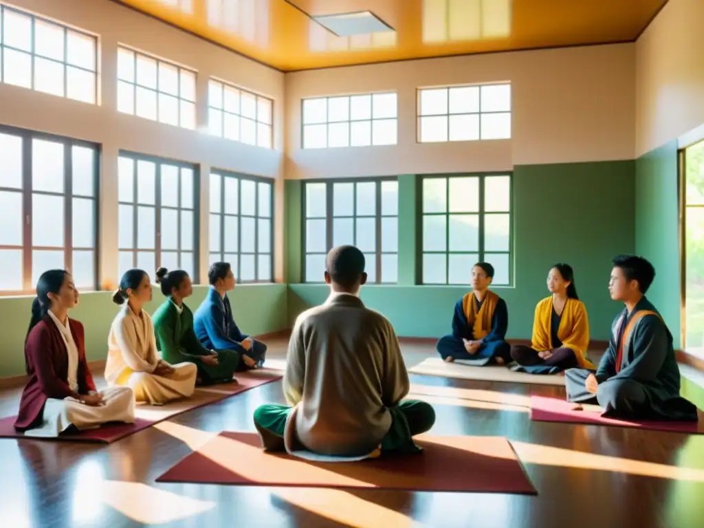 Profundo impacto de la filosofía oriental en la enseñanza: aula serena con estudiantes y maestro inmersos en la discusión