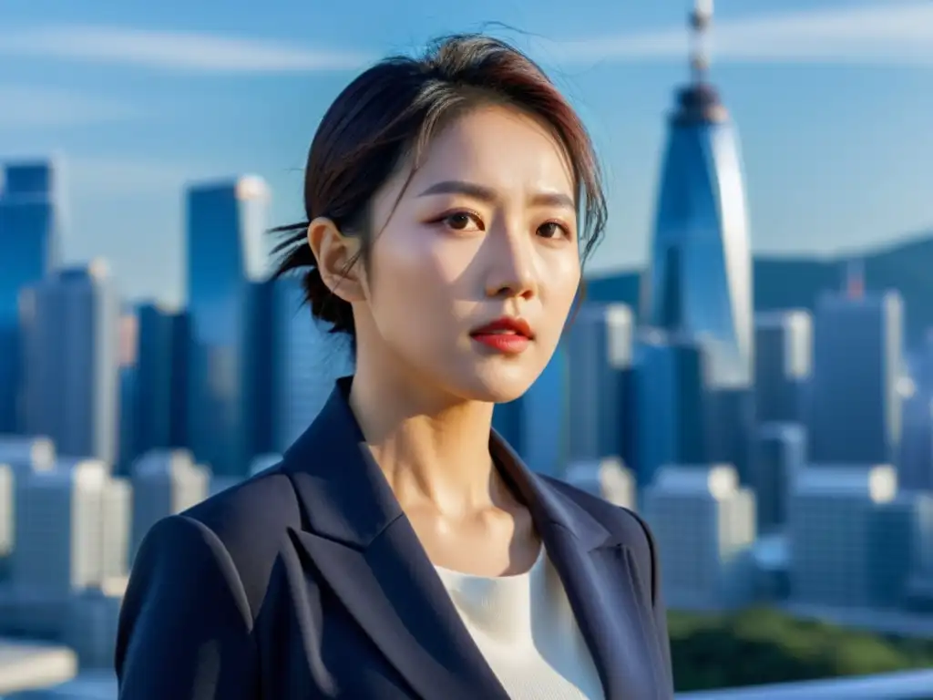 Una protagonista de drama coreano irradia empoderamiento frente a la ciudad