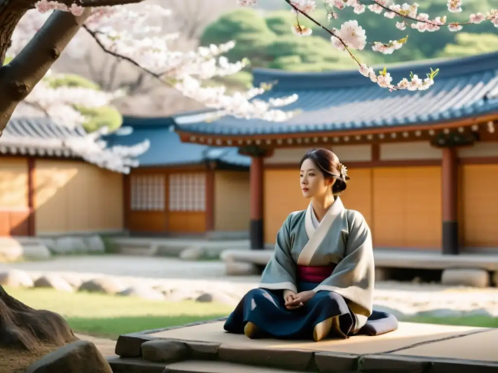 El protagonista reflexiona en un hanok entre cerezos en flor, transmitiendo la riqueza cultural y profundidad intelectual de las series asiáticas