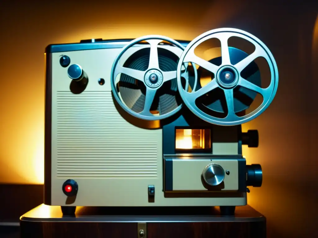 Un proyector de cine vintage iluminado por una cálida luz, con detalles intrincados y texturas desgastadas