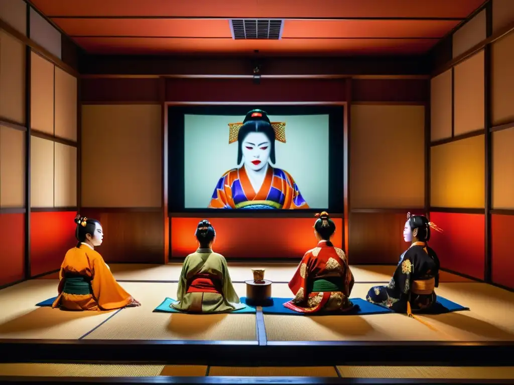 Un proyector japonés transforma el ambiente con una impresionante actuación de teatro Kabuki en una habitación tenue