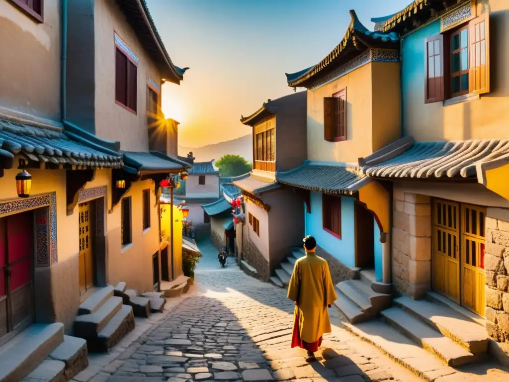 Un pueblo de la Ruta de la Seda con calles empedradas, casas de piedra y puertas de madera colorida, bañado por la cálida luz del atardecer