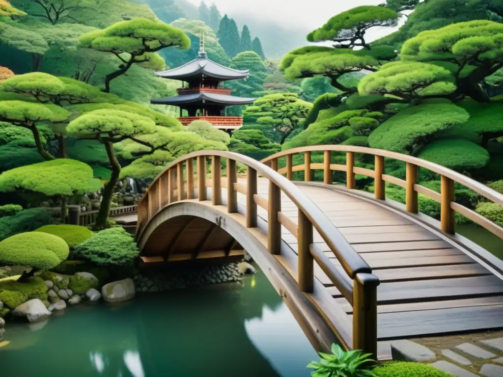 Puente antiguo en Asia rodeado de exuberante vegetación, resaltando su belleza y diseño tradicional japonés