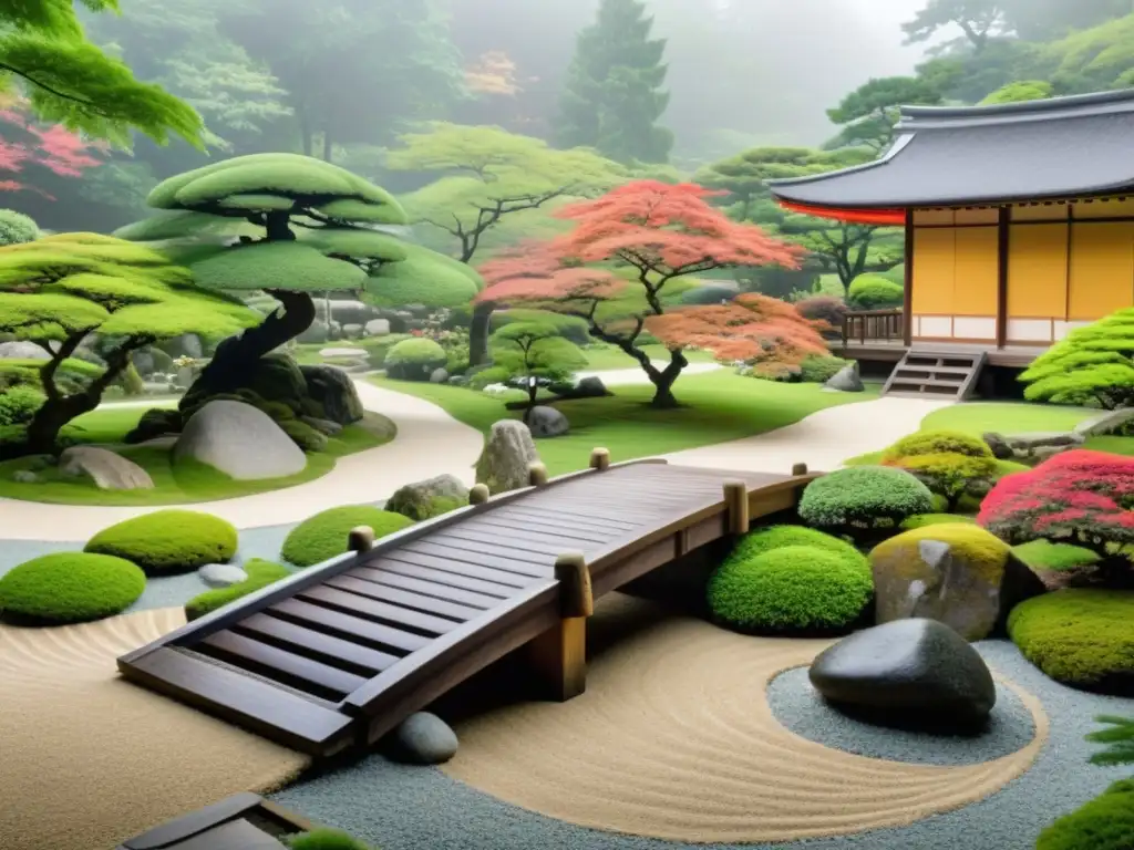 Jardín Zen con puente de madera, rocas y figura meditando bajo un cerezo en flor