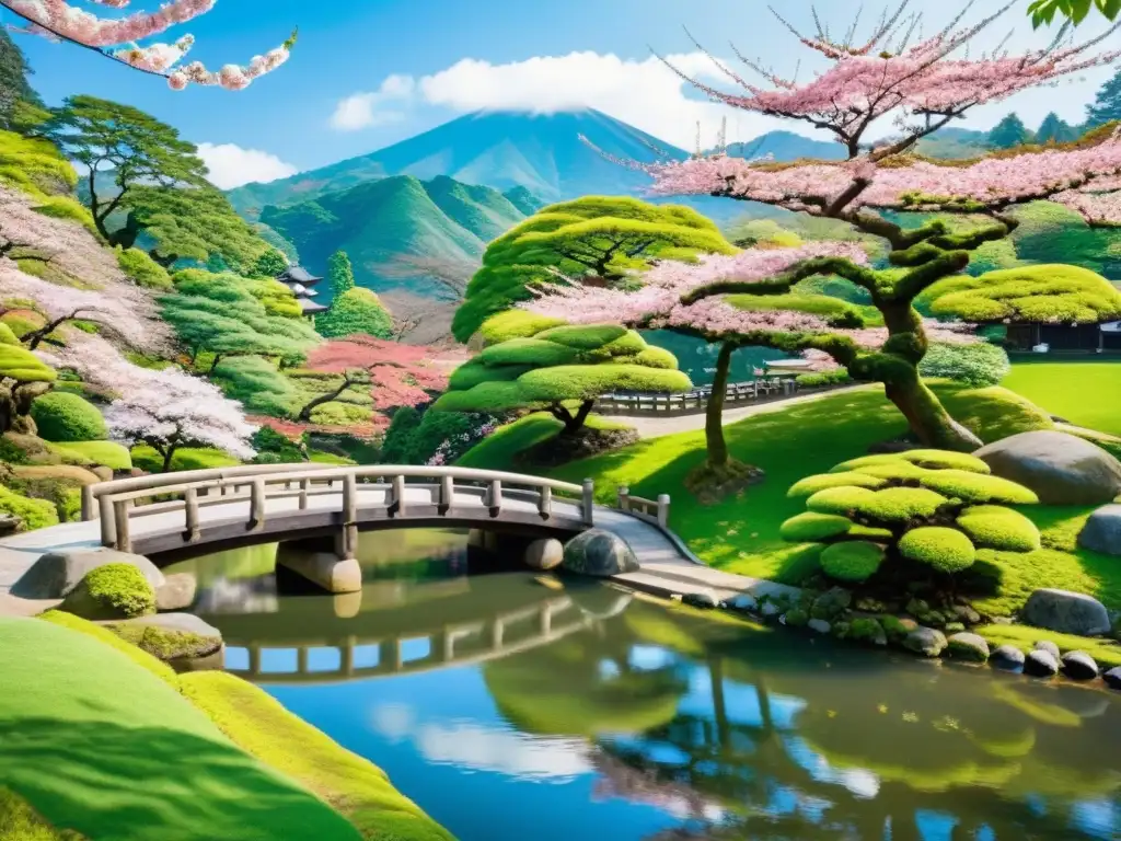 Un puente de piedra cubierto de musgo con un templo japonés entre cerezos en flor y colinas verdes