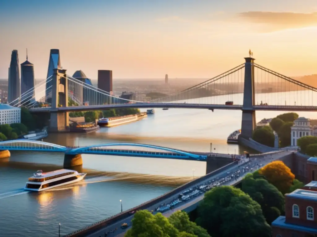 Un puente de la seda moderno MBA conecta culturas en una bulliciosa ciudad al atardecer