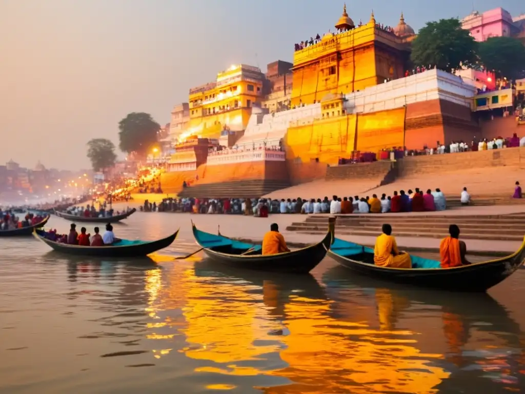 Puesta de sol en el Ganges, Varanasi: escena espiritual y cultural con devotos en los ghats, reflejos de templos en aguas sagradas