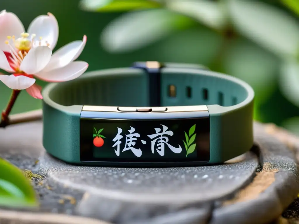 Una pulsera de actividad con influencia asiática se destaca en un jardín zen, fusionando tecnología moderna con estética oriental