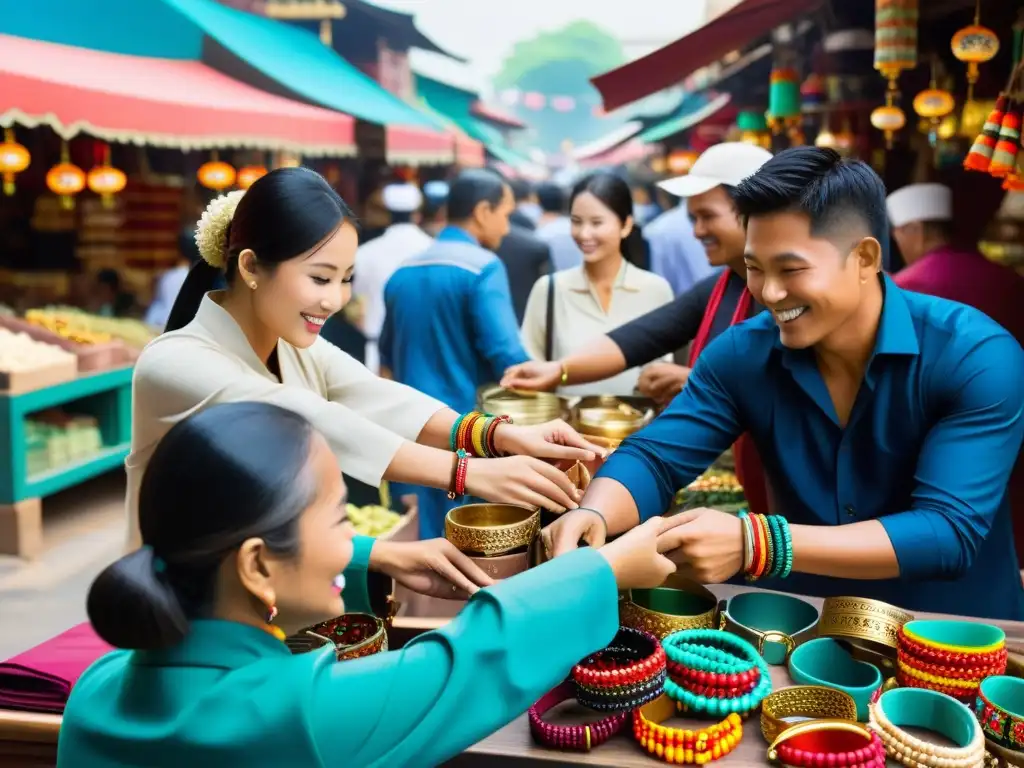 Pulseras de actividad con influencia asiática en bullicioso mercado tradicional asiático