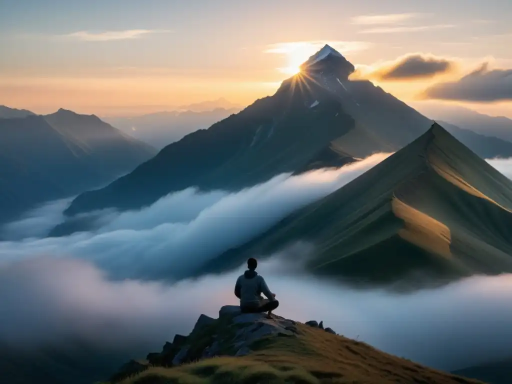 Práctica de Qigong para la salud moderna en la cima neblinosa de la montaña al amanecer