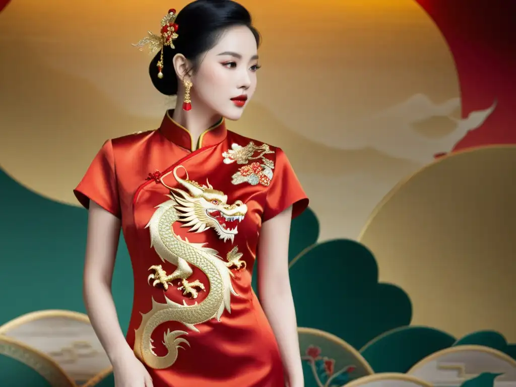 Un qipao chino de seda con bordados de dragón en oro y rojo, símbolo de poder y fortuna