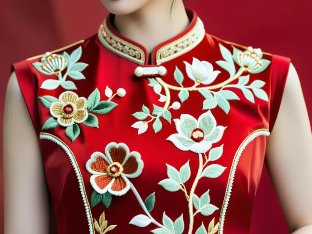 Un qipao rojo y dorado de boda con bordados elaborados y detalles exquisitos, exhibiendo la tradición del traje de novia en Asia