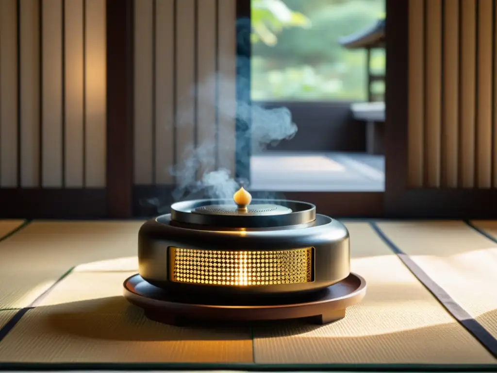 Un quemador de incienso japonés tallado en madera oscura con detalles en hoja de oro reposa sobre un tatami en una habitación serena