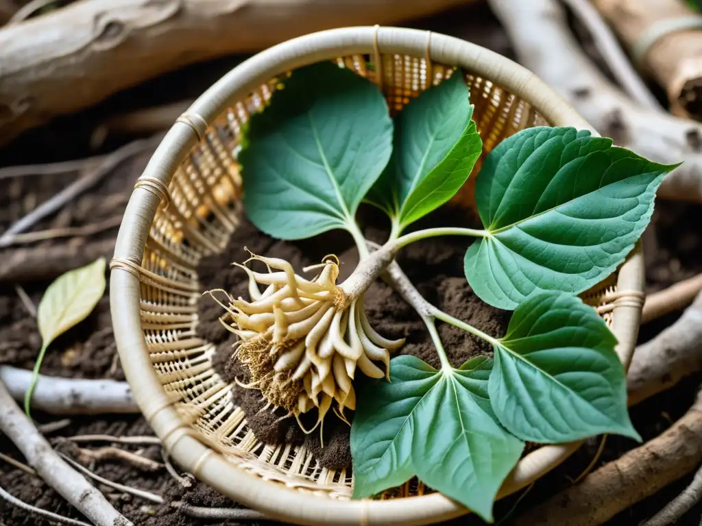 Raíces de ginseng recién cosechadas en una cesta de mimbre, rodeadas de hojas verdes brillantes bajo la suave luz del bosque