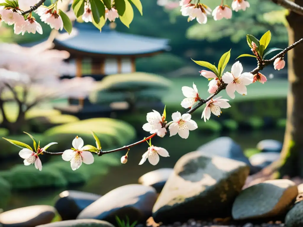 Una rama de cerezo en flor en un jardín japonés, irradiando serenidad y la visión del mundo en la poesía de Basho