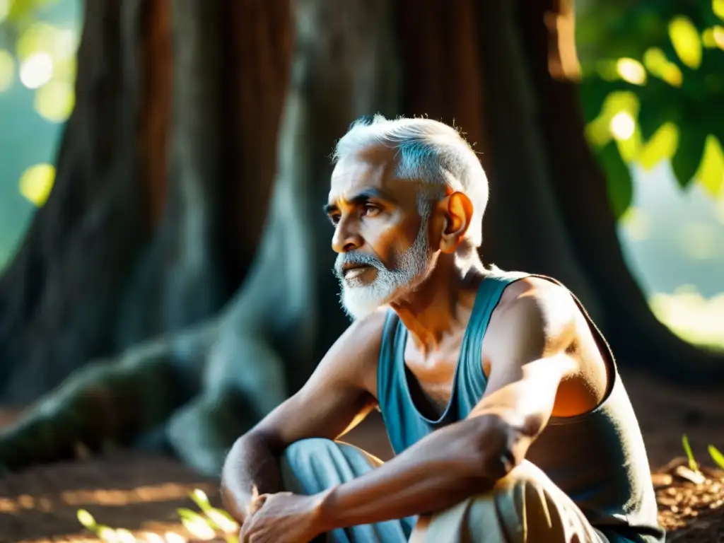 Ramana Maharshi en profunda contemplación bajo un árbol, iluminado por la cálida luz del sol