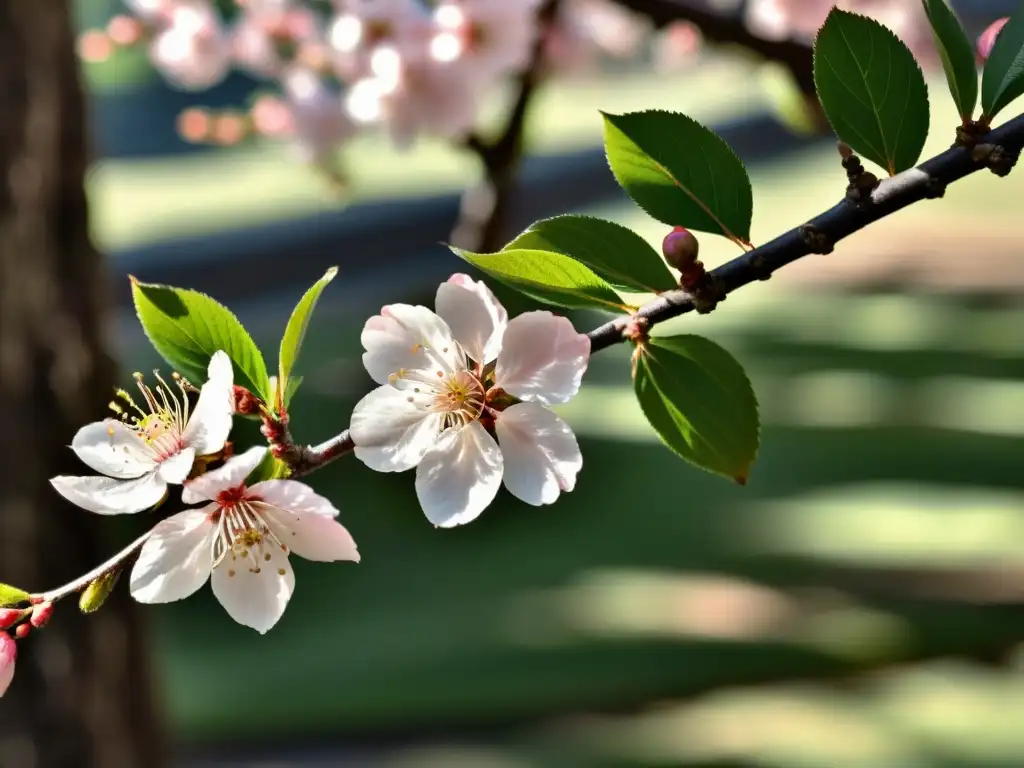 Ramas de cerezo en flor con luz suave filtrándose, evocando el significado espiritual del haiku zen