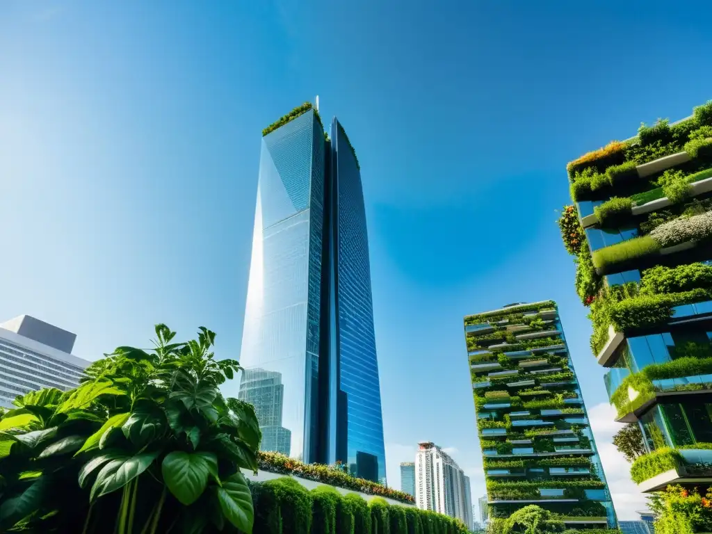 Un rascacielos ultramoderno se eleva entre exuberantes jardines verticales, reflejando el cielo azul