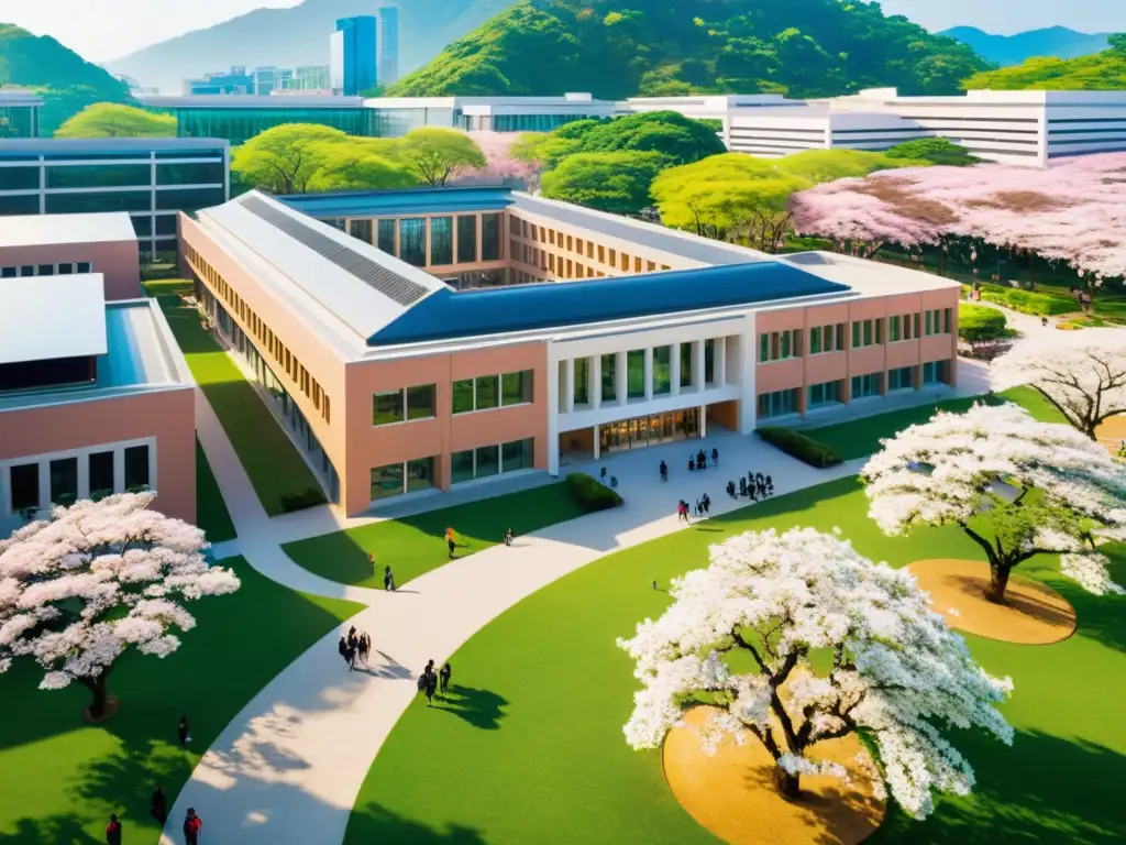 Razones para estudiar en Asia: Campus universitario vibrante con arquitectura moderna, estudiantes animados y exuberante naturaleza en flor