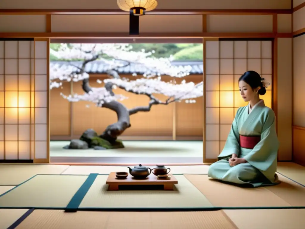 Realidad virtual y aumentada en Asia: Ceremonia del té japonesa con elementos de AR integrados en un ambiente sereno y minimalista